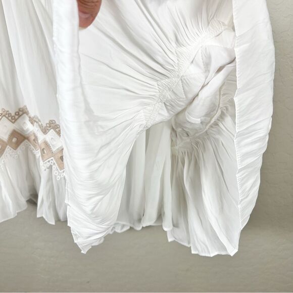 Ramy Brook White Tan Trim Mini Dress Eyelet Smocked Waist Vacation Large NWT - Picture 14 of 15